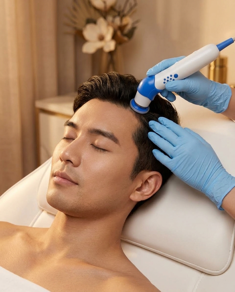Man receiving DEP needle-free scalp infusion and hair treatment at SuA Glow