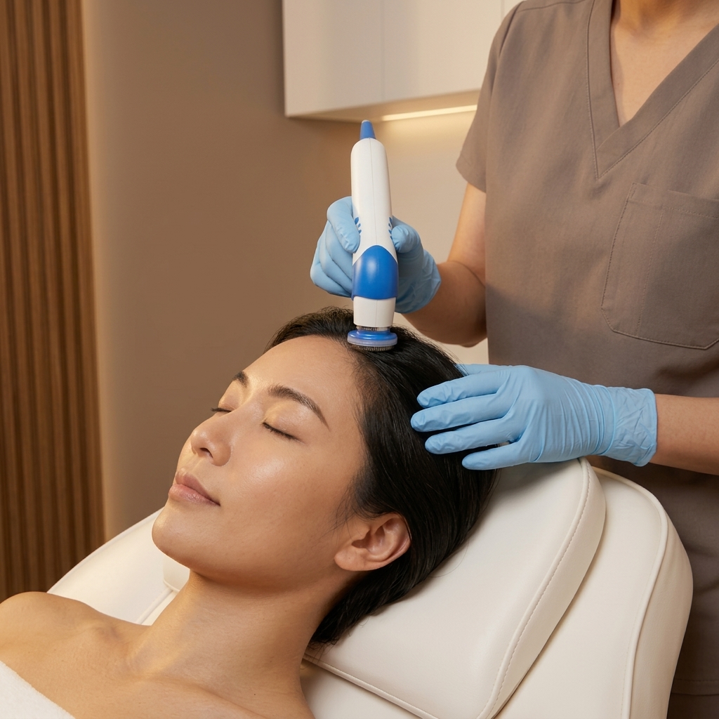 Woman receiving DEP needle-free scalp infusion with authentic DEP handpiece at SuA Glow