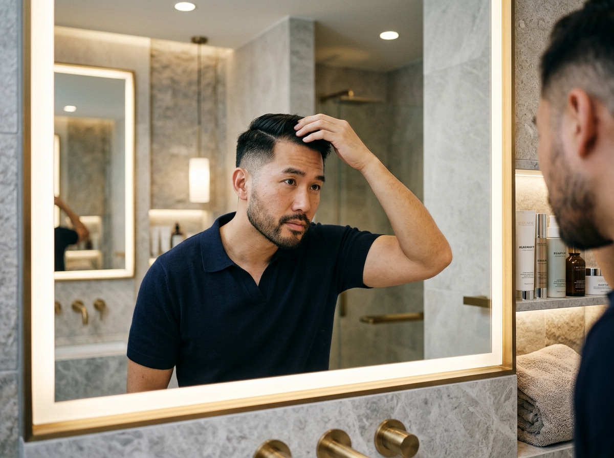 Man evaluating hairline and temples in mirror
