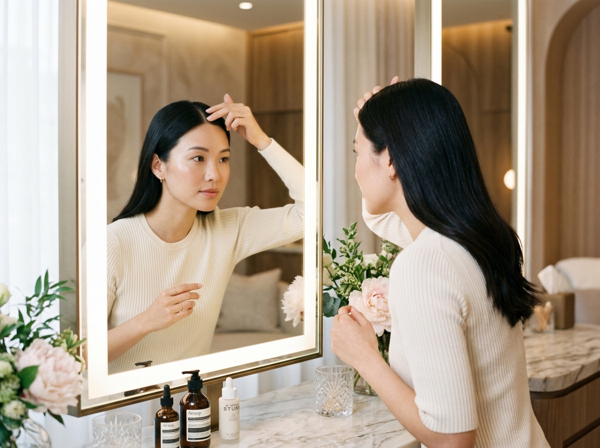 Woman checking hair part in mirror