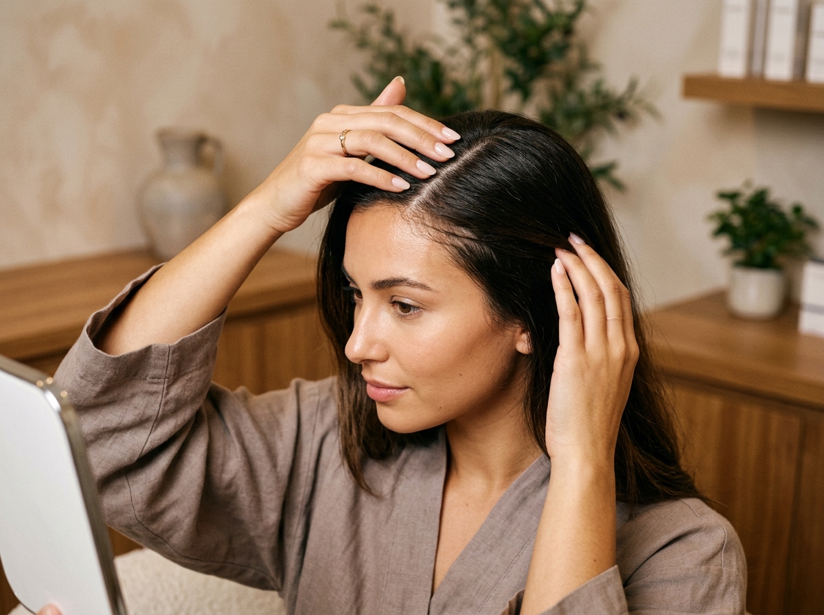 Person touching and checking scalp condition